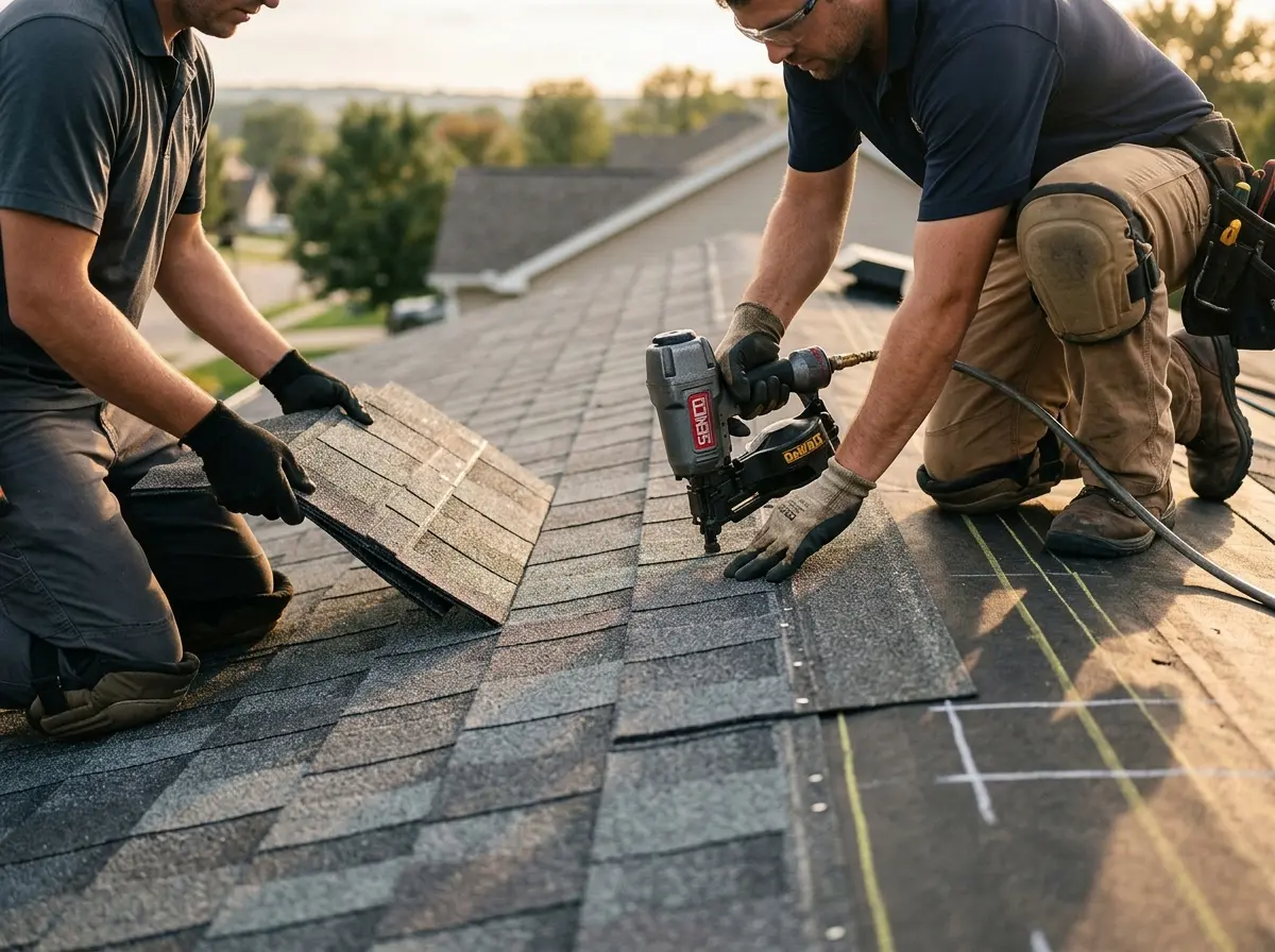 Professional roofer working on a residential roof in Taylorville